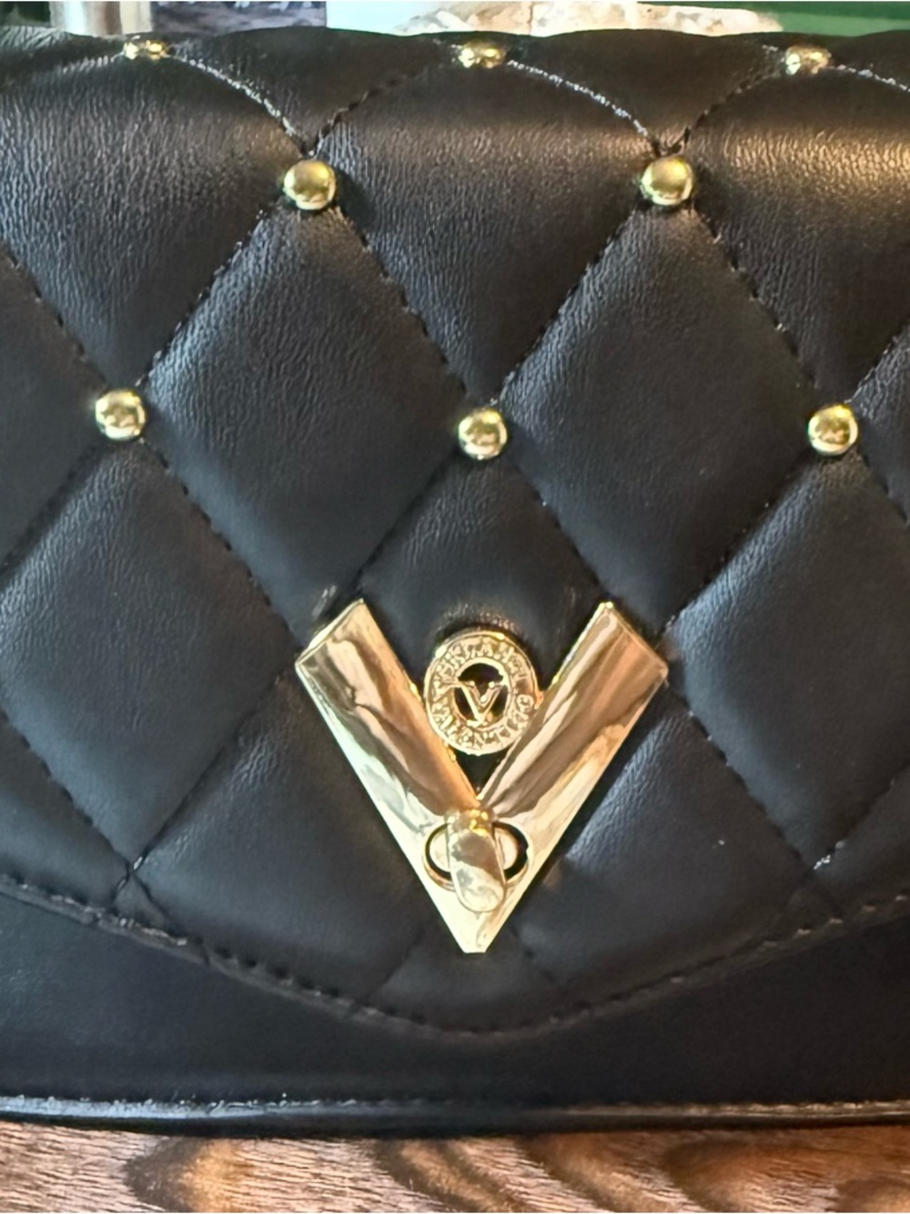 Valentino Black Quilted Women’s Chain Shoulder Bag with Gold Studs and coin purs